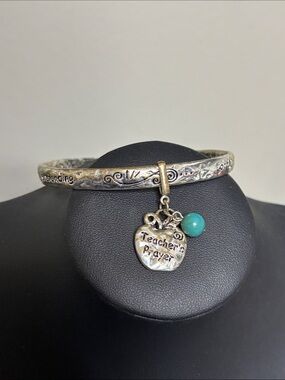 Silver Teacher's Prayer Charm Bangle with Turquoise Bead Two Tone